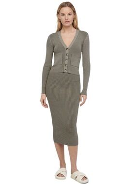 Anine Bing Olive Ribbed Knit Midi Skirt Size L NWT